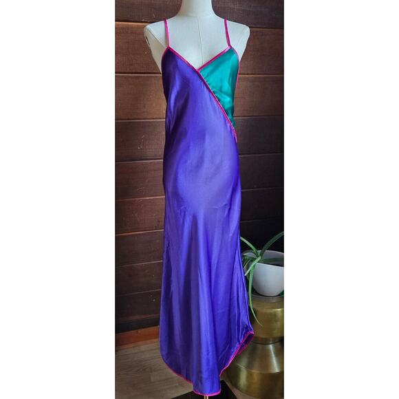 VTG 90s Faye Satin Colorblock Slip Midi Dress S Coquette Nightgown Jewel Tones - Picture 1 of 11